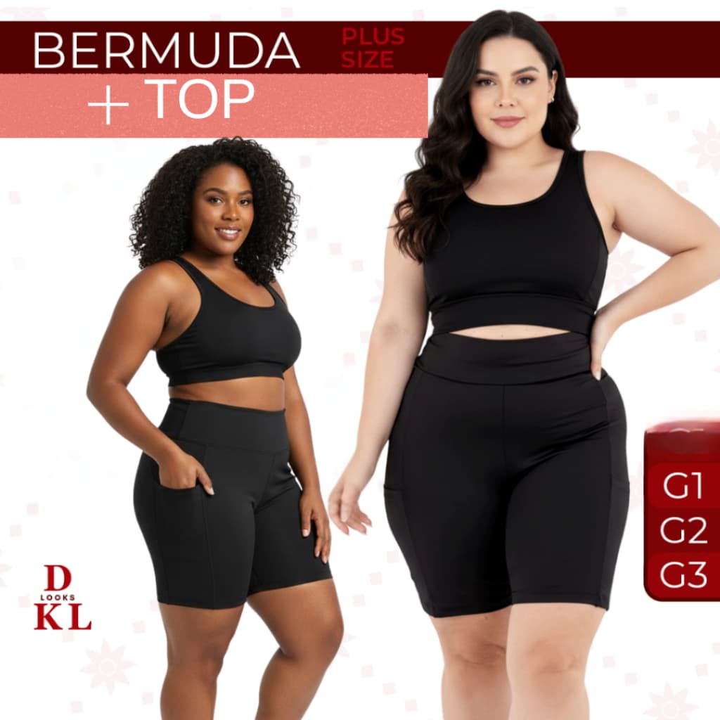 Kit Conjunto Plus Size Shorts com Bolso e Top Nadador para Malhar Fitness Treino Academia Confortável