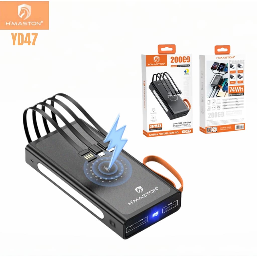 Carregador Portátil Powerbank 20000mAh com 4 Cabos Embutido e Magnética H'maston YD47