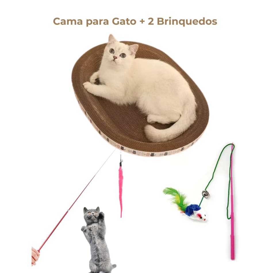 Kit Cama Arranhador De Papelão Ondulado Para Gatos + 2 Brinquedos Varinha de Gato