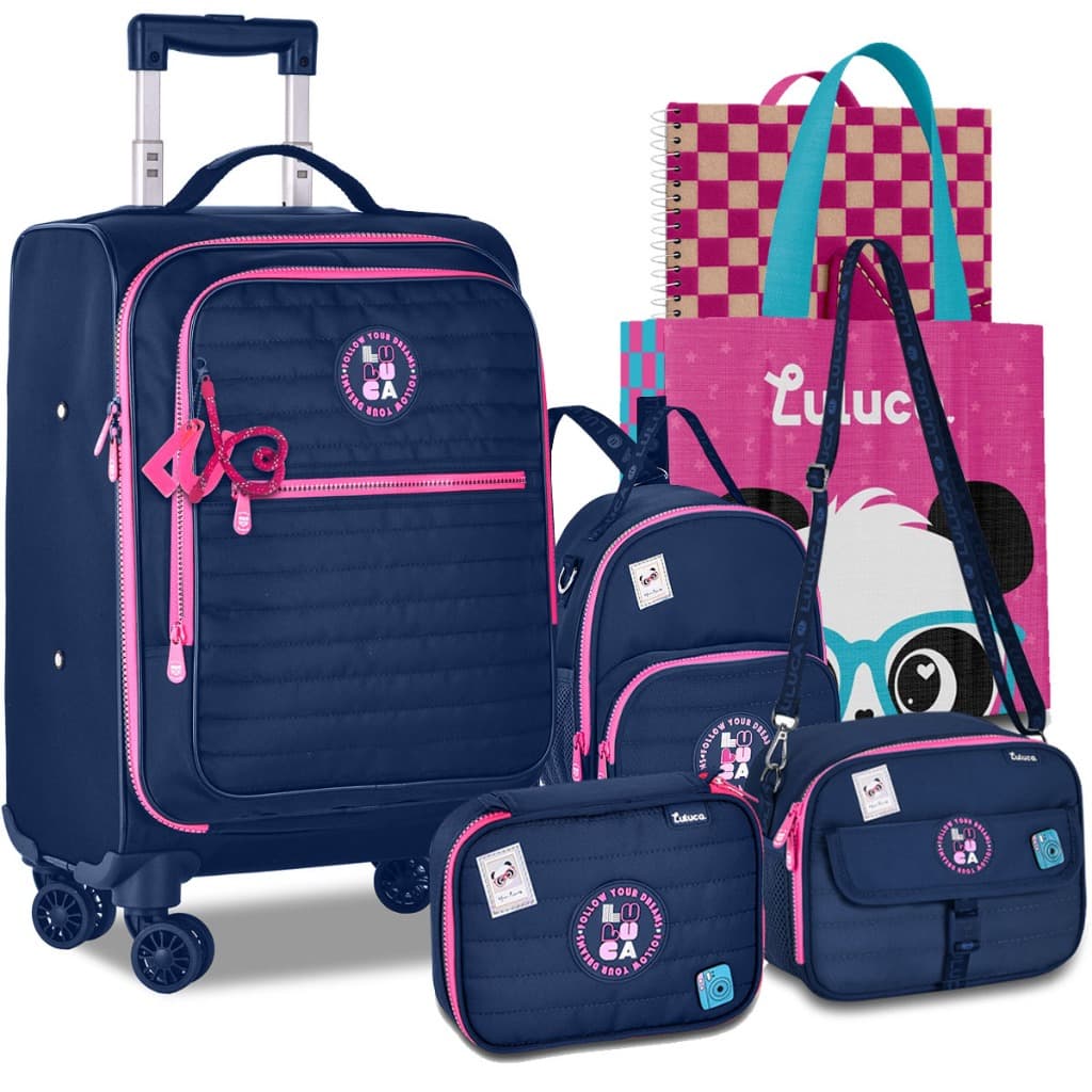 Kit Mochila Mala Escolar Luluca Lancheira Estojo Rodinha 360 Carrinho Lançamento de Bordo