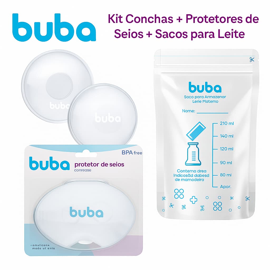 Kit Completo Amamentação Buba – Conchas + Protetores Seios + Sacos para Leite (25 un.)
