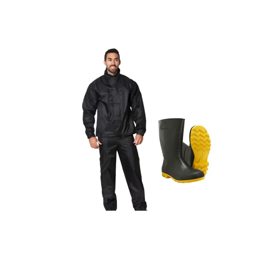 Kit Conjunto Motociclista Nylon Calça Blusão Brascamp E Bota Impermeável Vulcabrás Motoboy Moto Proteção Chuva