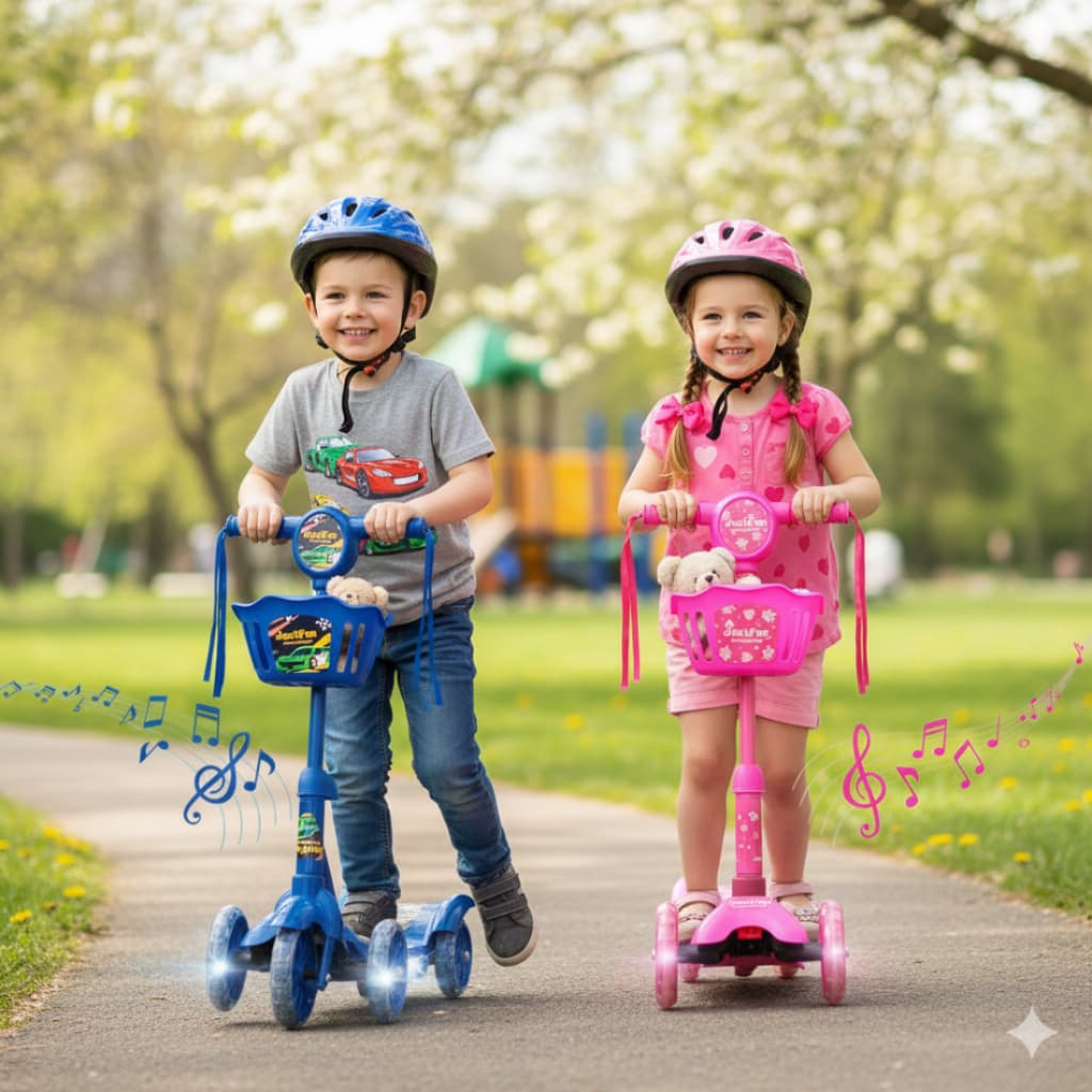 Patinete Infantil 3 Rodas Dobrável Com Luzes E Som Presente Cor Rosa e Azul Menino Menina