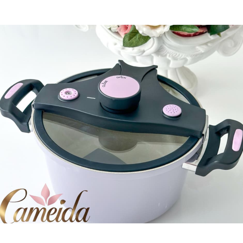 Panela De Pressão Alto Padrão Lilás 6 Litros -24 cm -Tampa De Vidro Designer Alemão-Indução e Convencional