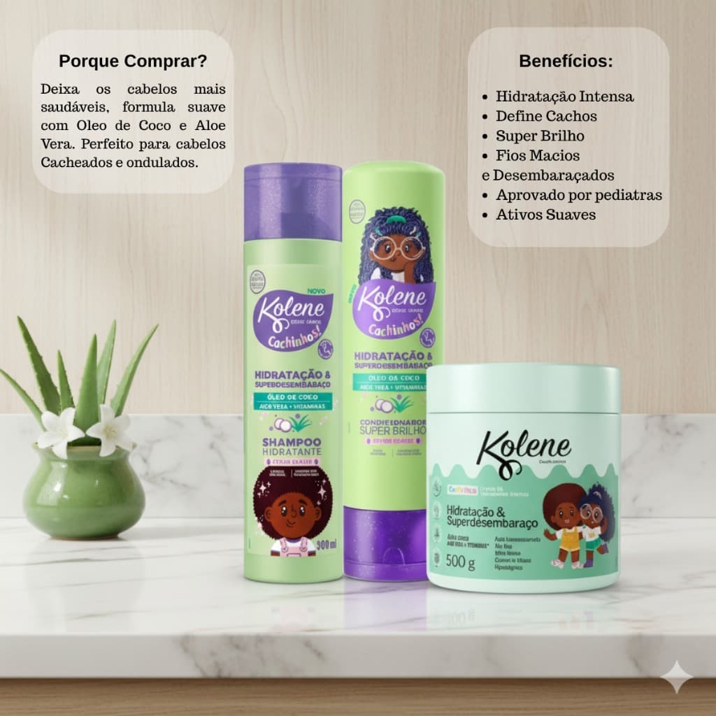 Kit Kolene Cachinhos Vegano – Shampoo + Condicionador + Creme de Tratamento | Hidrata, Define e Dá Brilho – 3 Itens