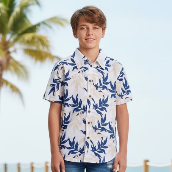 Camisa Juvenil Estampada Havaiana - Moda Praia, Piscina Verão