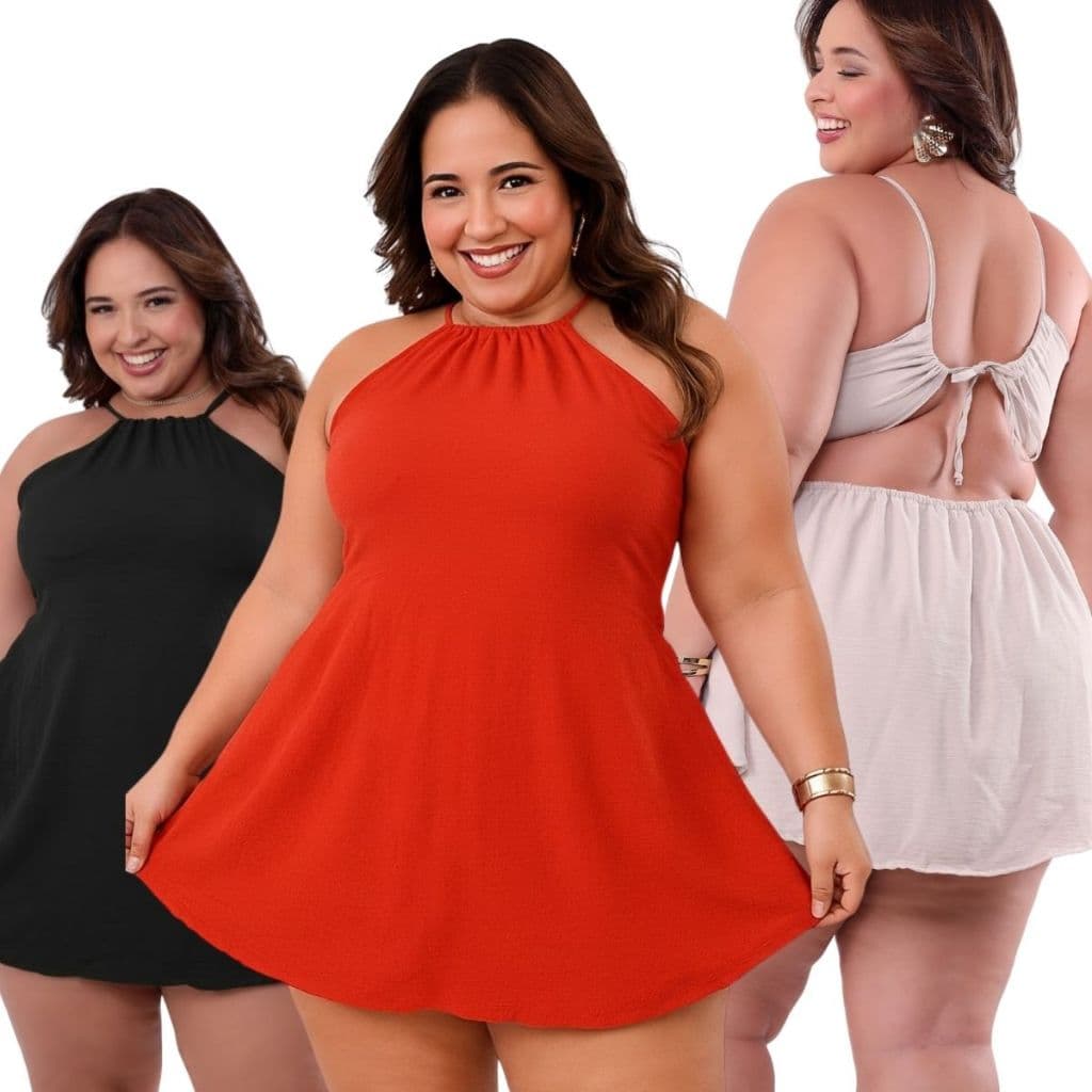 Macaquinho Plus Size Feminino Short Saia C/ Bojo Modela Cintura + Amarração Nas Costas