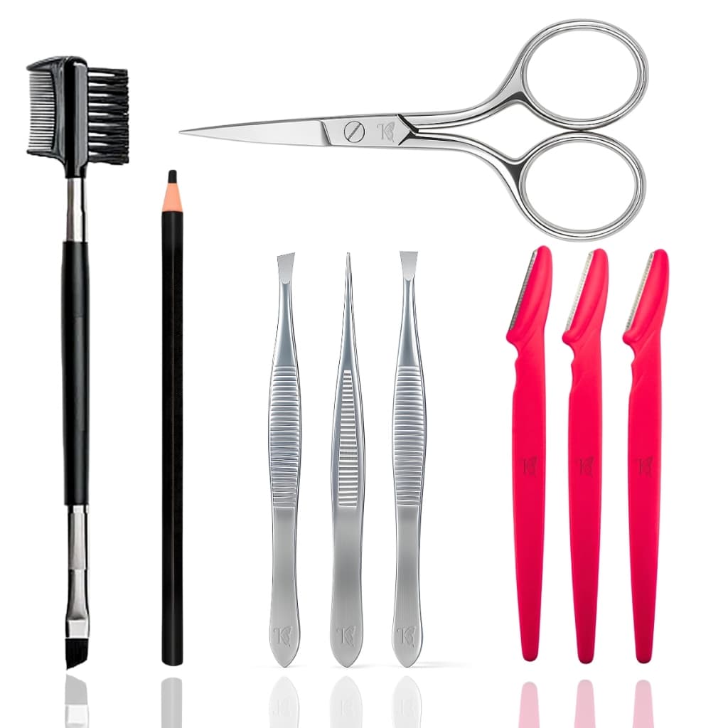 Kit Profissional Sobrancelha Navalha Tesourinha Pinça Lápis e Pincel Chanfrado