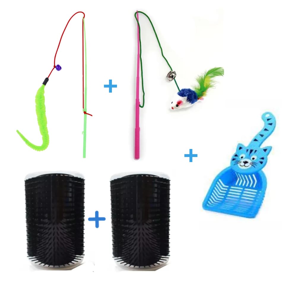 Kit 5 Peças Entretenimento Gato Brincar 2 Coçador de Gato +2 Varinha Gato + Pá de Gato