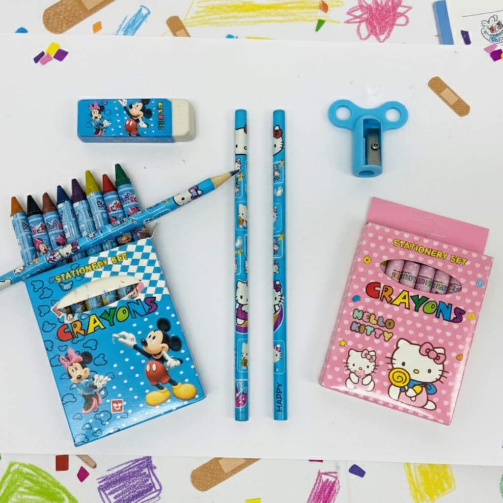 Kit Escolar Papelaria Fofa 12 Itens Lápis Apontador Borracha Giz De Cera