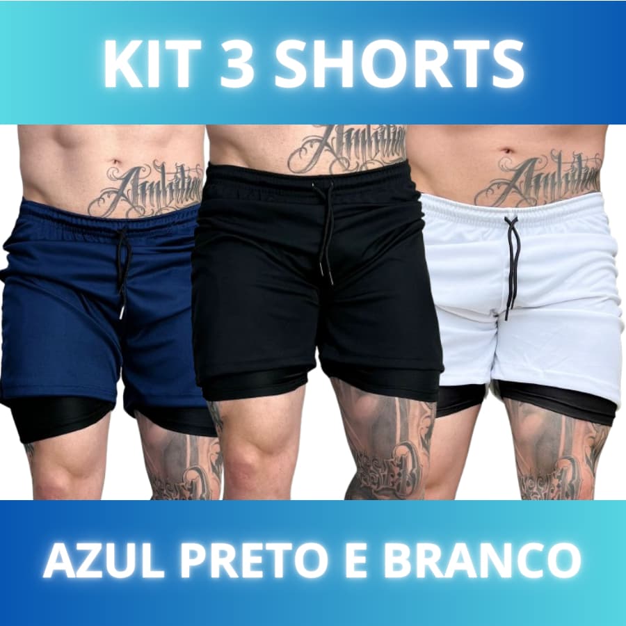 Kit De 3 Shorts 2 Em 1 Masculino Esportivo | Academia | Treino | Corrida Com Bolso Interno