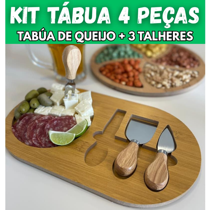 Tábua Gourmet Bambu 4 em 1 para Queijos Frios Frutas e Petiscos com Faca Garfo e Espátula