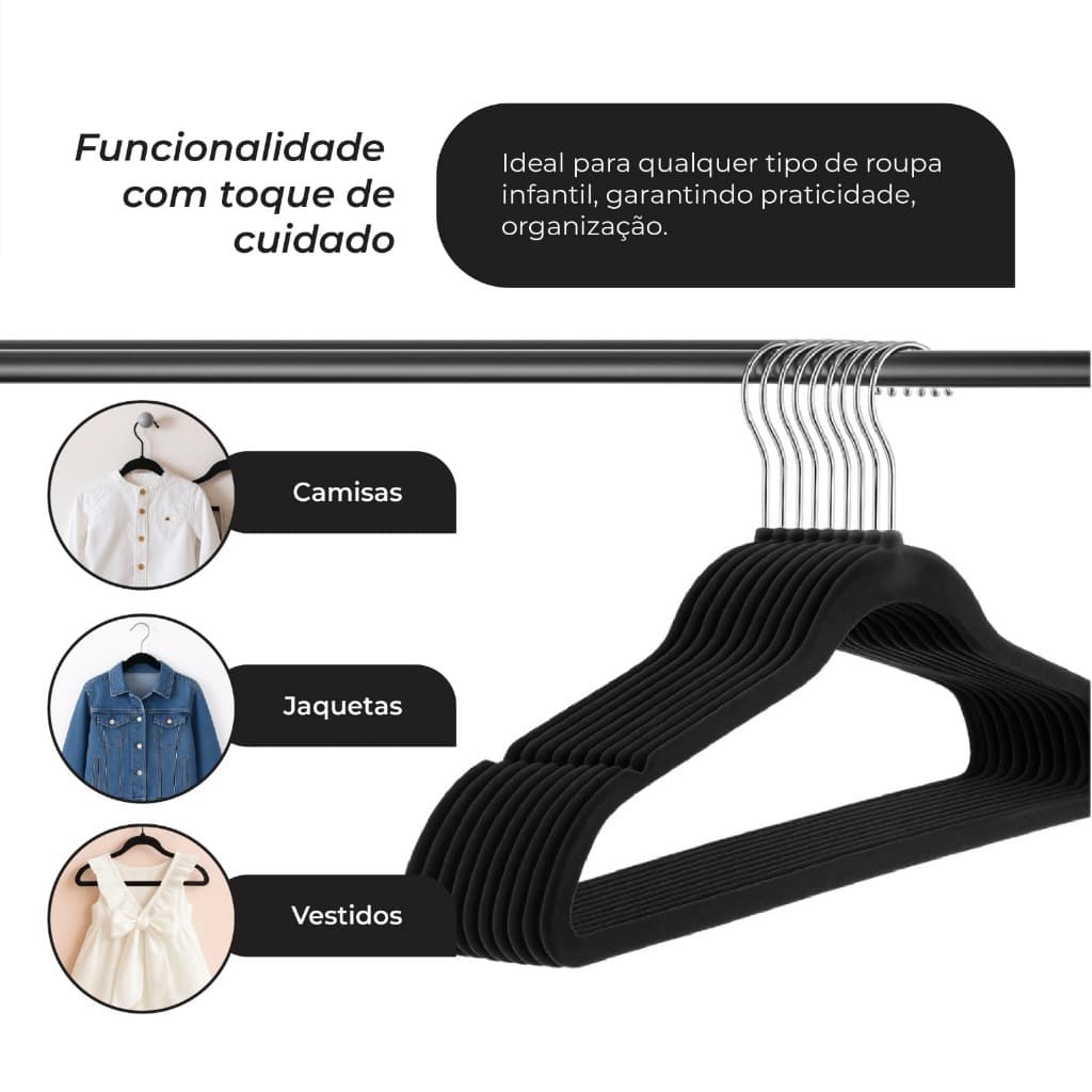 Caixa com 40 Cabides Infantis de Veludo Slim Antiderrapantes Preto – Organização com Estilo e Eficiência