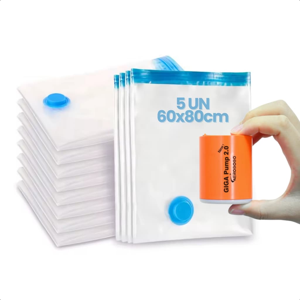 Kit Bomba Infladora e Desinfladora USB + 5 un Sacos A Vácuo 60x80cm Organizador de Roupa Edredom