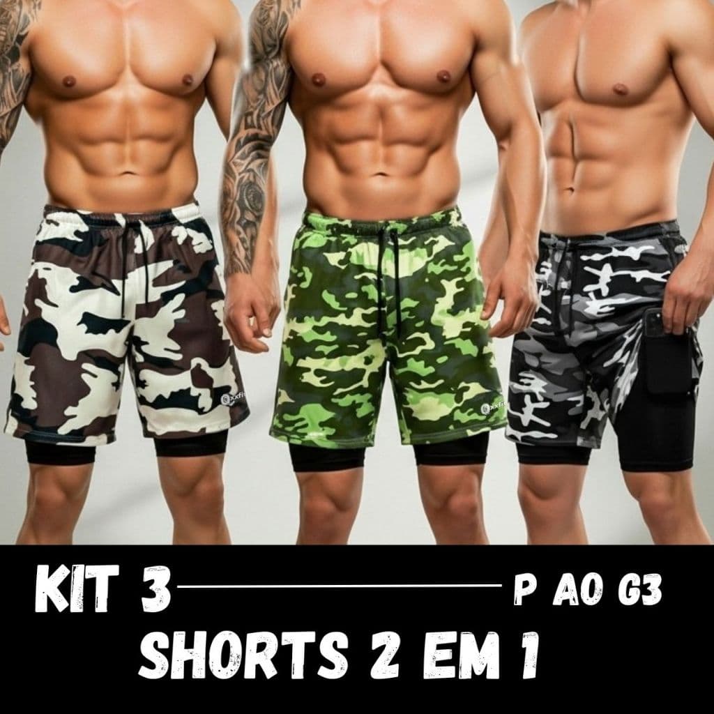 Kit 3 Shorts 2 Em 1 Masculino Dry Fit Treino E Academia Bermuda Camuflada