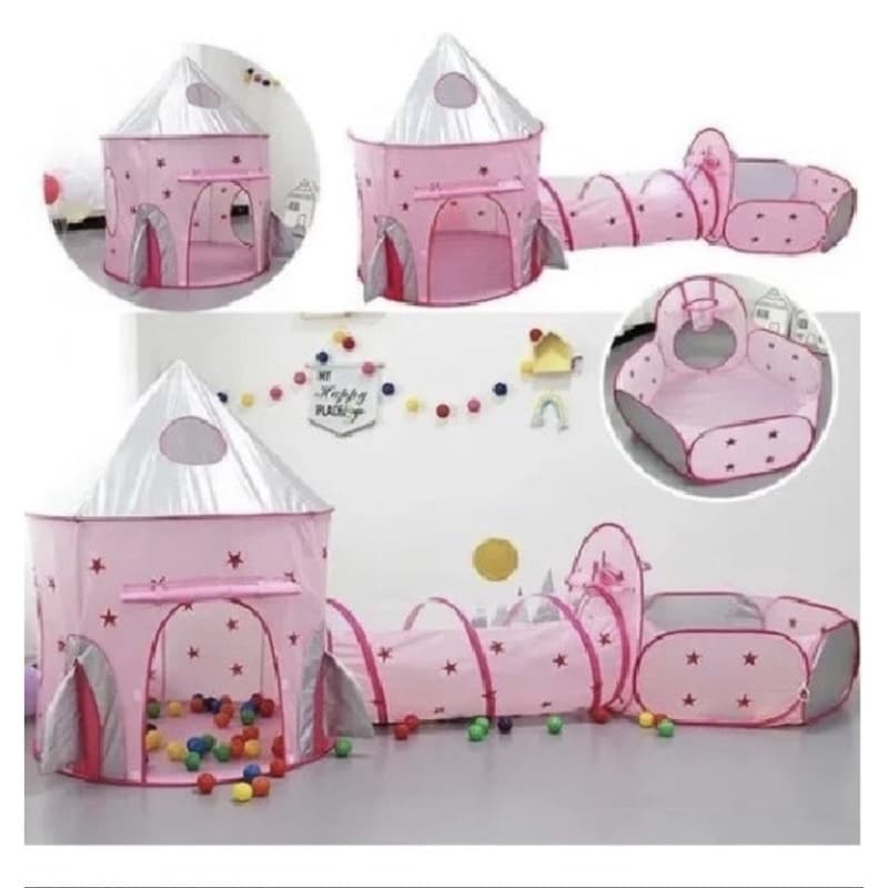 Barraca Infantil 3 em 1 com Túnel e Casinha das Princesas – Toca Dobrável Rosa