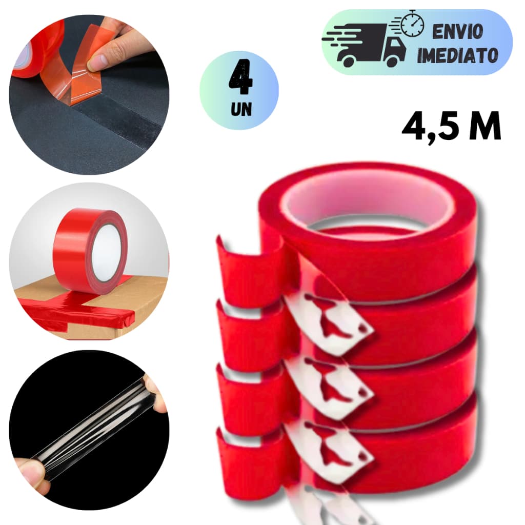 KIT 2 OU 4 FITAS DUPLA FACE 4,5 METROS TRANSPARENTE RESISTENTE FORTE COLANTE PARA PAREDE