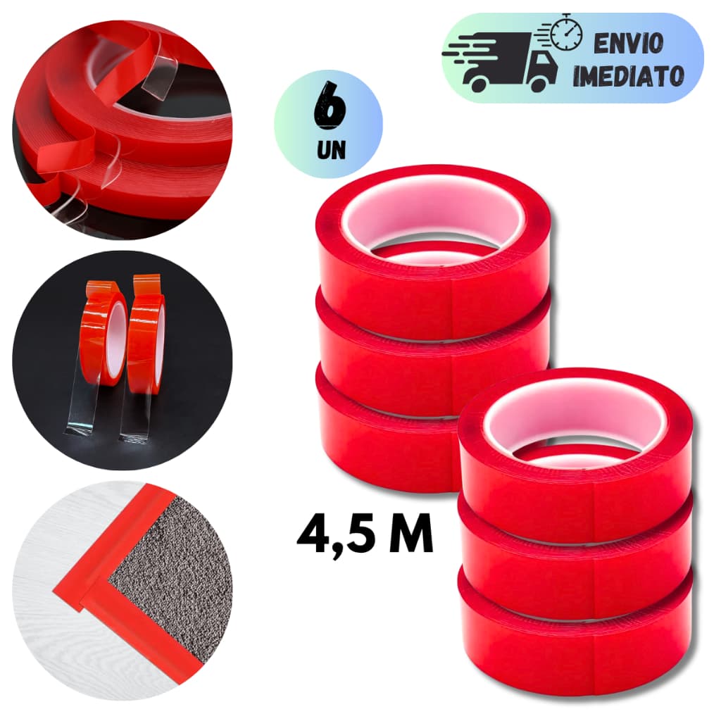 KIT 2 A 6 FITA DUPLA FACE TRANSPARENTE 4,5 METROS AUTO COLANTE FORTE FIXA FORTE PARA PAREDE