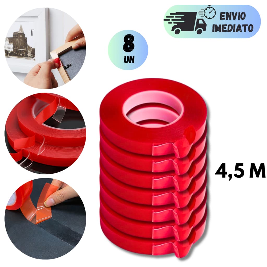 KIT 2 A 8 FITA DUPLA FACE 4,5 METROS TRANSPARENTE GEL COLANTE SILICONE FIXA FORTE LAVAVEL