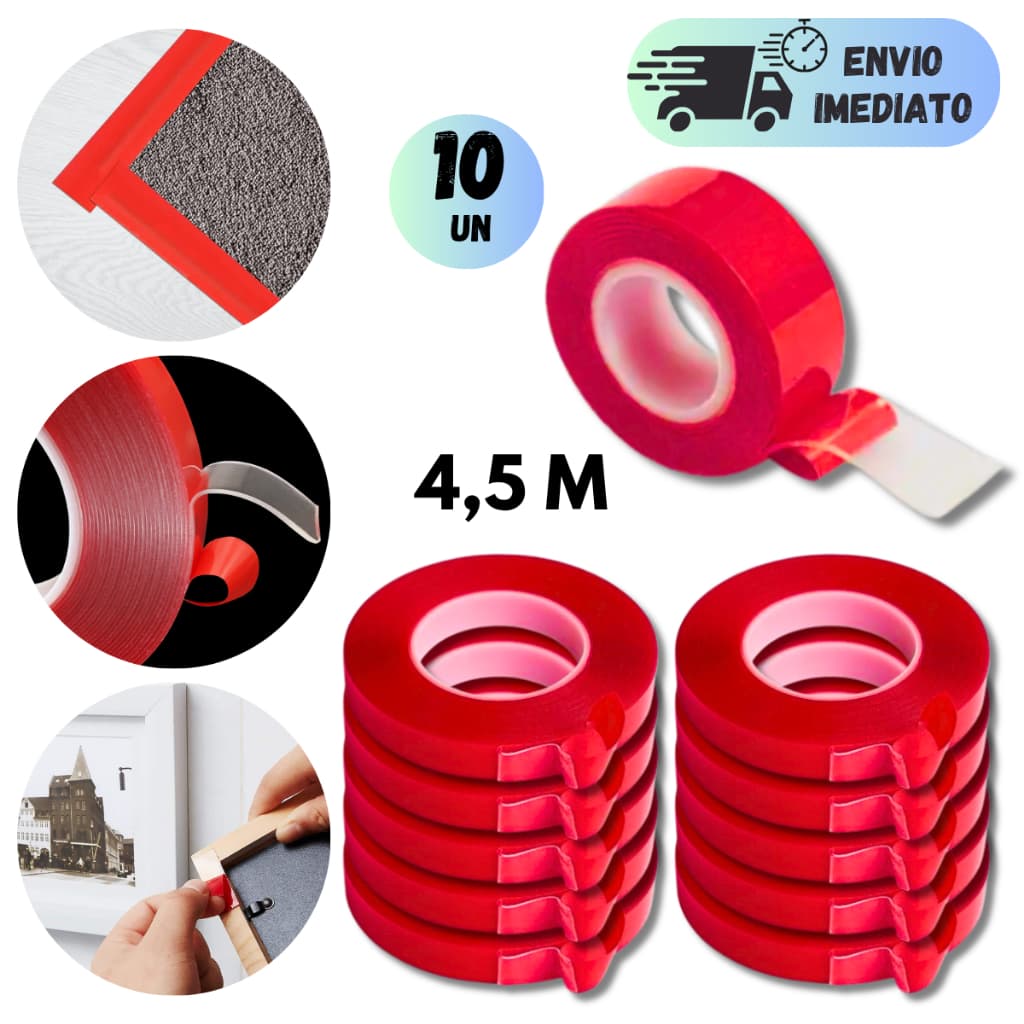KIT 4 A 10 FITA DUPLA FACE TRANSPARENTE 4,5 METROS FIXA FORTE GEL LAVAVEL AUTO COLANTE PARA PAREDE