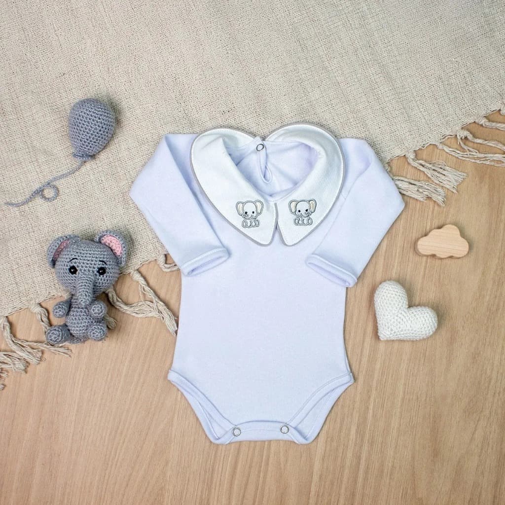Body Bebê Menino Cinza Algodão Gola Social Bordado Elefante Conforto Macio Recém Nascido Delicado