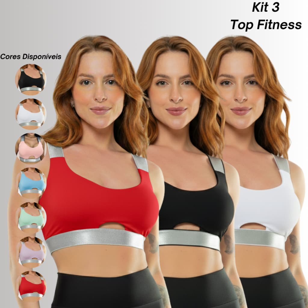 Kit 3 TOP FITNESS FEMININO COM BOJO E ALÇAS REFORÇÃDAS  Bojo Removível Moda Fitness Feminina