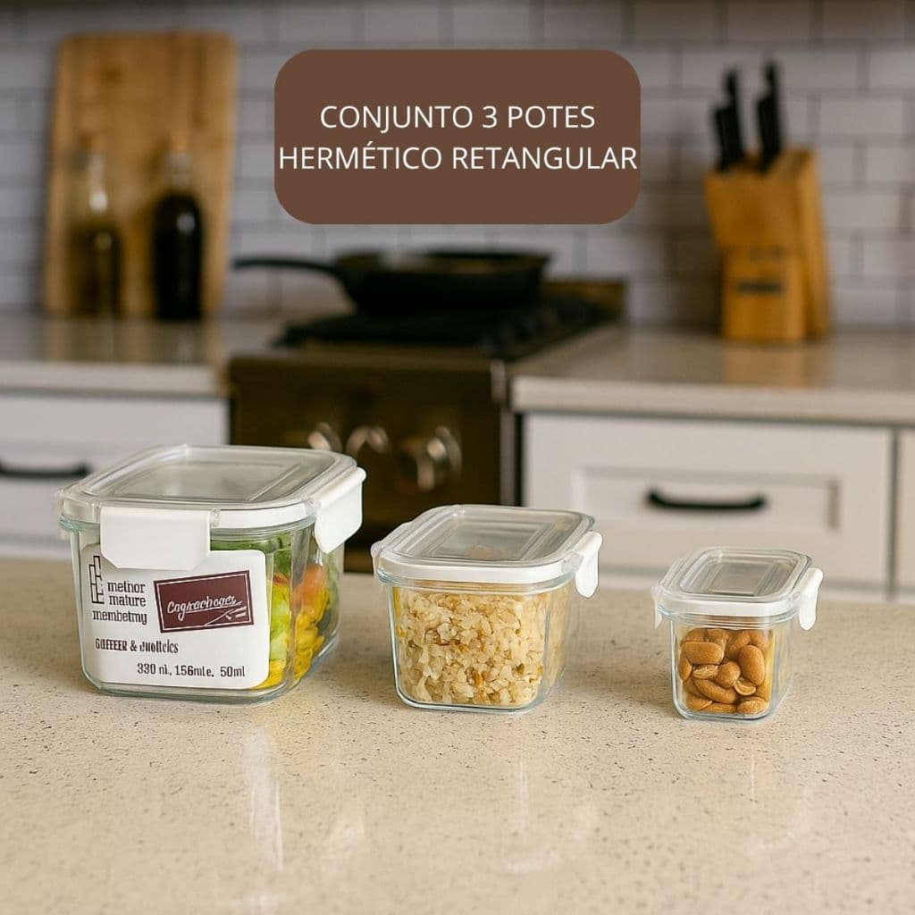kit Conjunto 3 Pote Hermético Retangular Vedação Segura Organizador Cozinha Alimentos