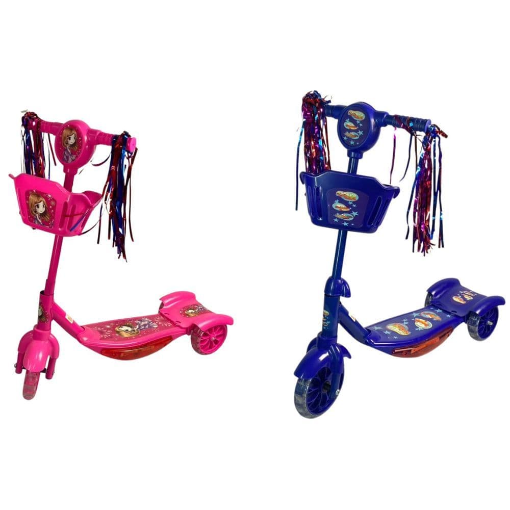 Patinete Infantil 3 Rodas Dobrável com Luz Som e Cestinha Menino Menina - Rosa e Azul