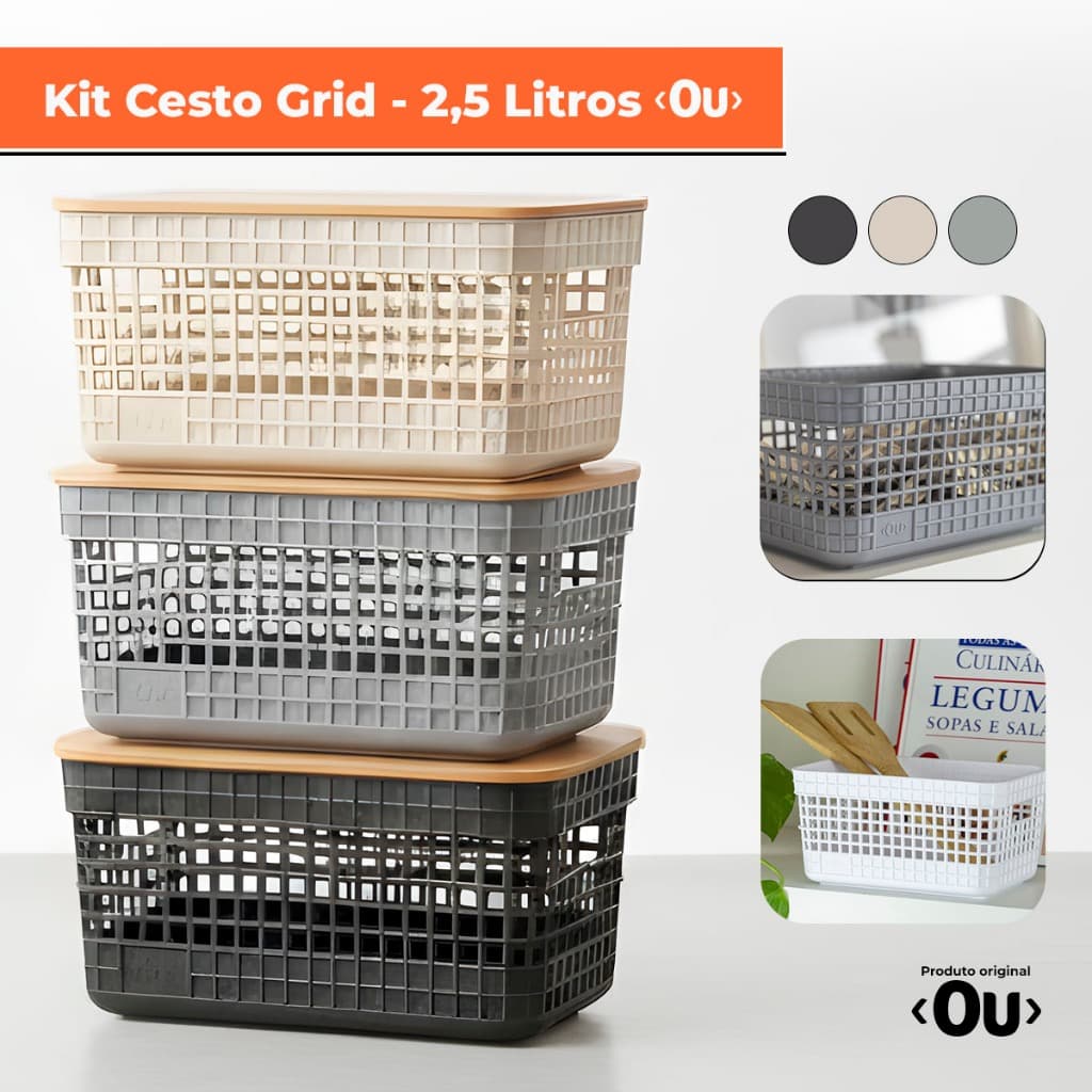 Cesto Organizador Grid 2,5L Tampa Bambu CG155 - Ou