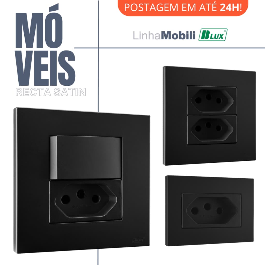Conjunto Tomada Embutir Moveis Mobili Preta 10a 20a Interruptor Preto Recta Black Satin Fosco Blux