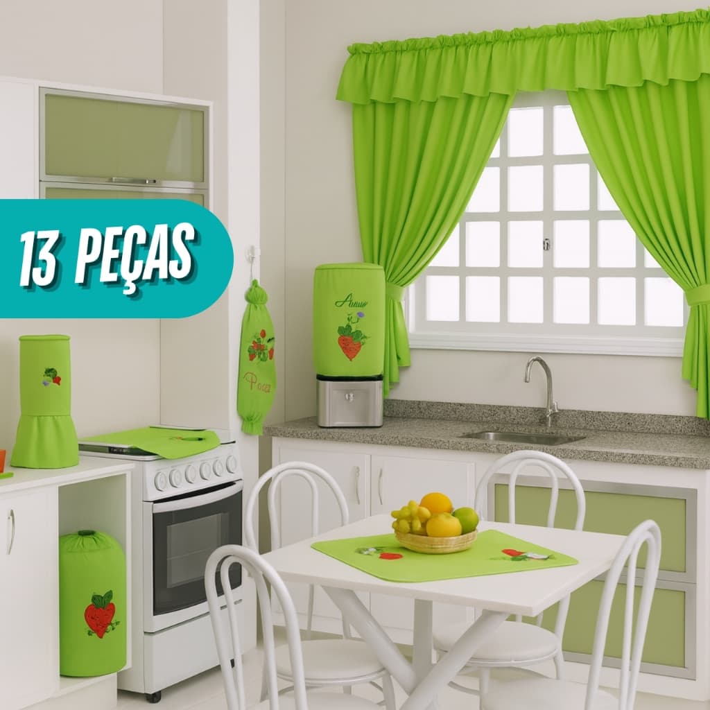 Kit Jogo de Cozinha 13 Peças Completo Com Cortina e Toalha de Mesa Capa Botija Gás Água Porta Sacola