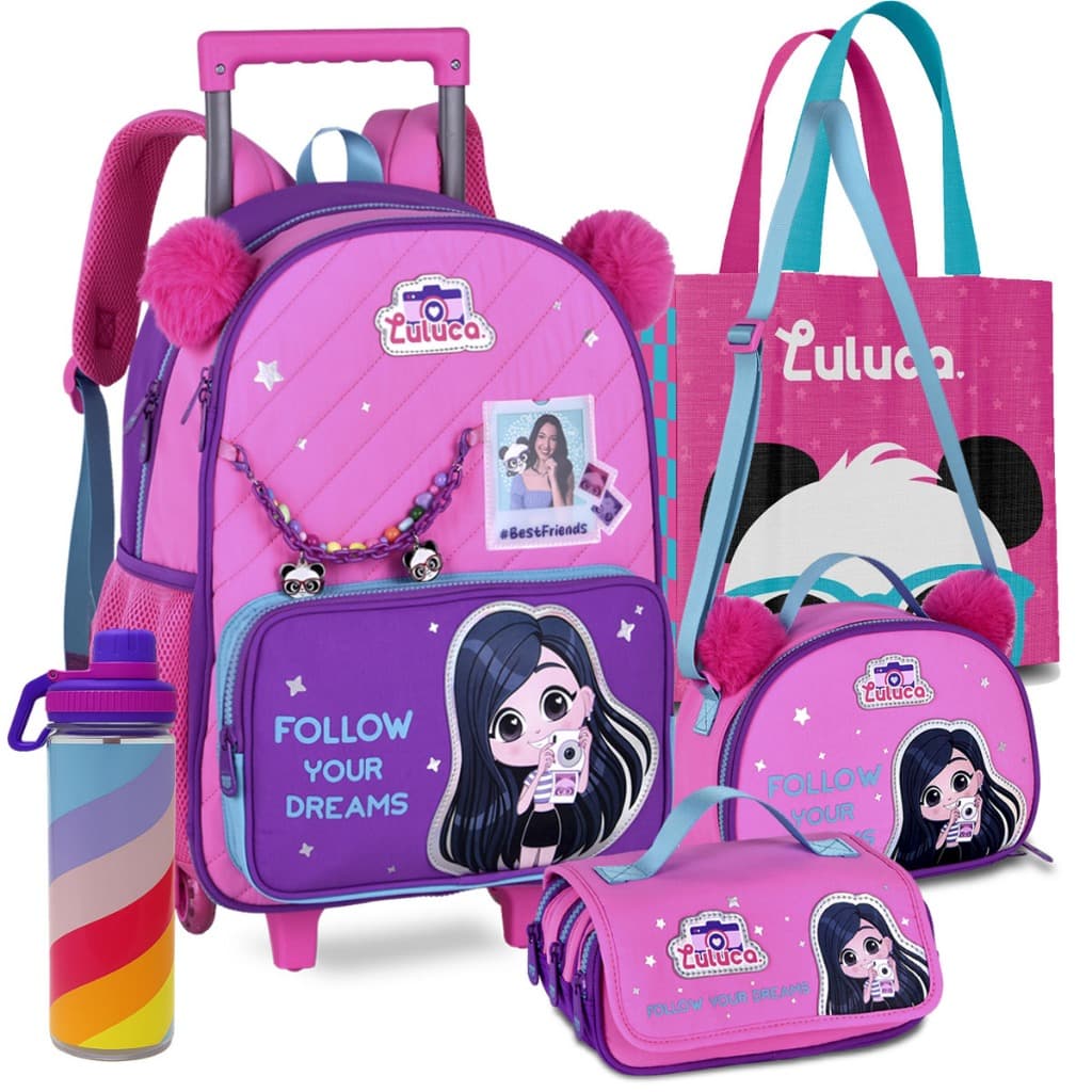 Kit Mochila Luluca Infantil Carrinho Lancheira Estojo Lançamento Infantil Brinde