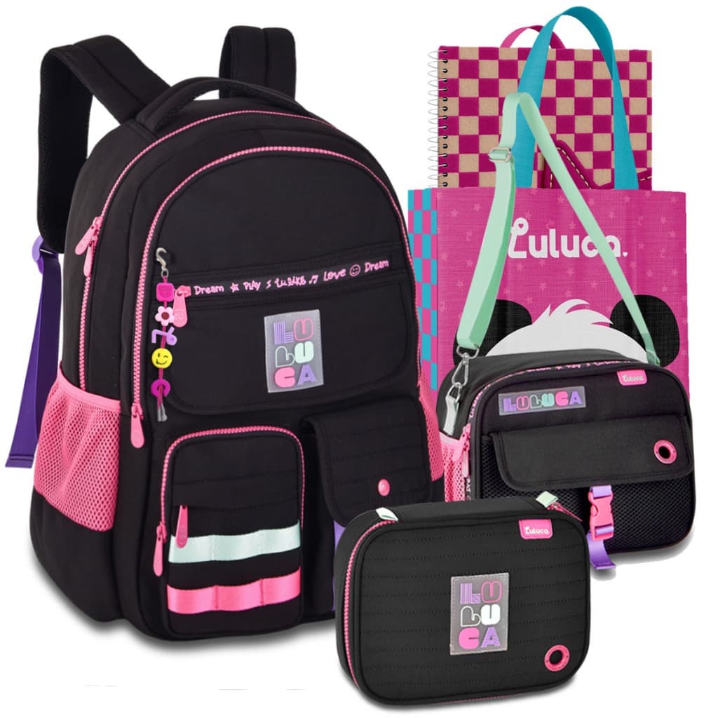 Kit Mochila Luluca Holográfica Lancheira Estojo Completa com Brinde Lançamento