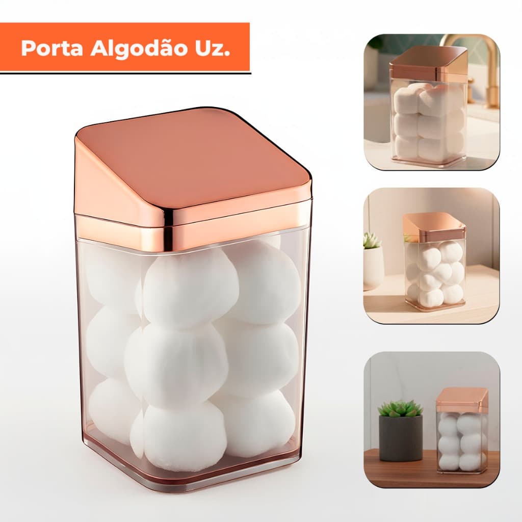 PORTA ALGODÃO SLIM UZ ROSE GOLD – ORGANIZADOR ELEGANTE PARA BANHEIRO E PENTEADEIRA