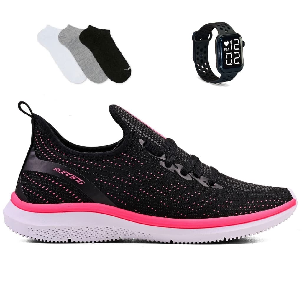Tenis Feminino + Relogio + Meia Esportivo Versatil Caminhada Treino Corrida Super Leve e Macio Lançamento Promoção
