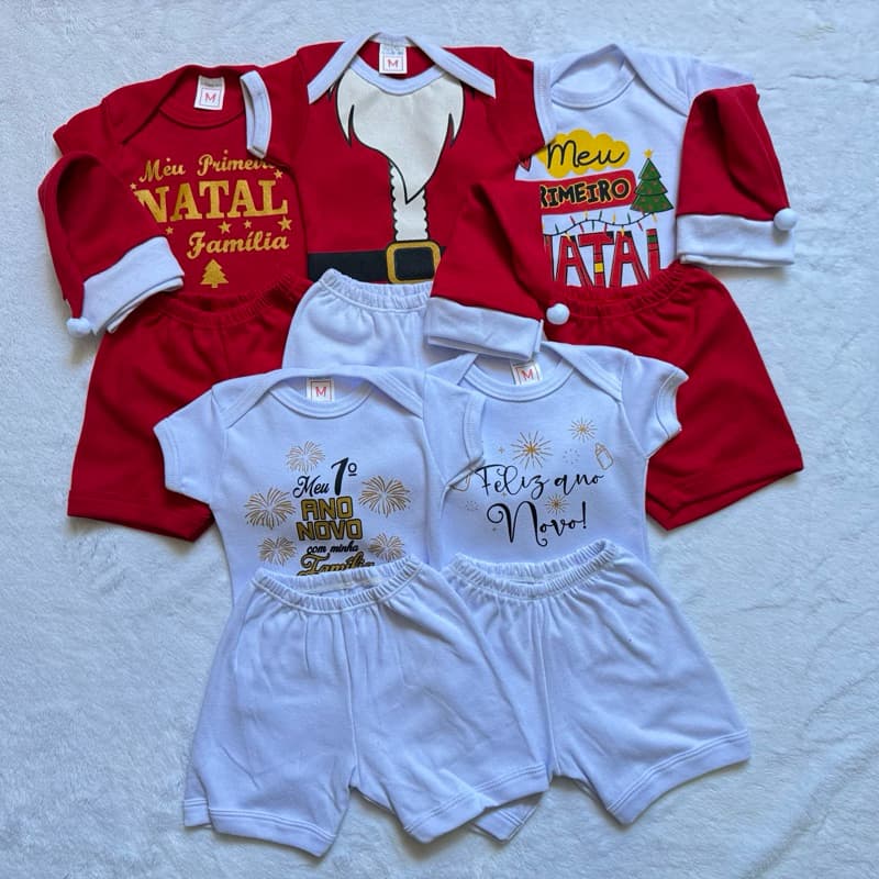 Conjunto Infantil Bebê  De Natal (Body + Short + Gorro)  e Ano Novo / 100% Algodão