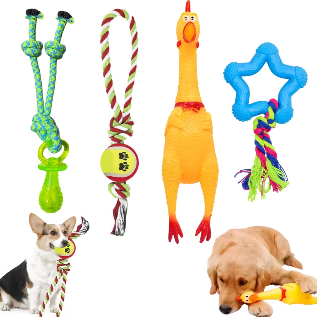 Kit 4 Brinquedos Para Cães Mordedor Cachorro Pet Seguro Durável Corda com Bola Frango Sonoro