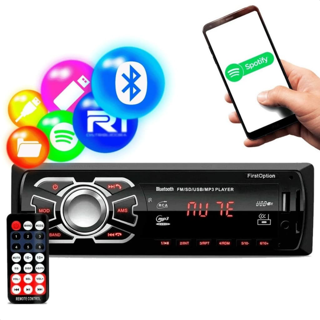 Radio Automotivo Bluetooth com Entrada USB Carregador de Celular First Option MP3 Som Carro 100W