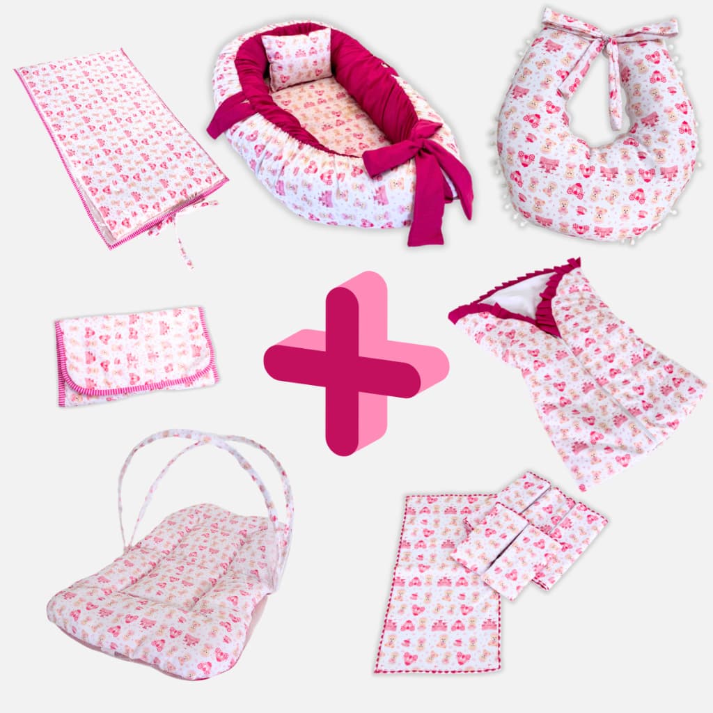 Super Kit Bebê 12 Peças Ninho Almofada Saco Trocador Portátil e de Cômoda Berço Mosquiteiro 6 Babete