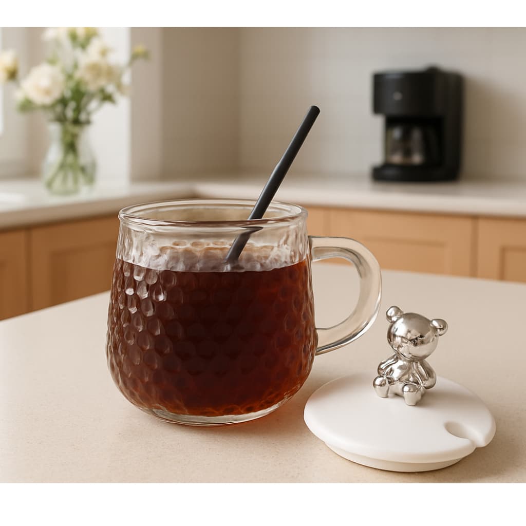 caneca copo de vidro bear ursinho com tampa colher 320ml para chá café leite cappuccino