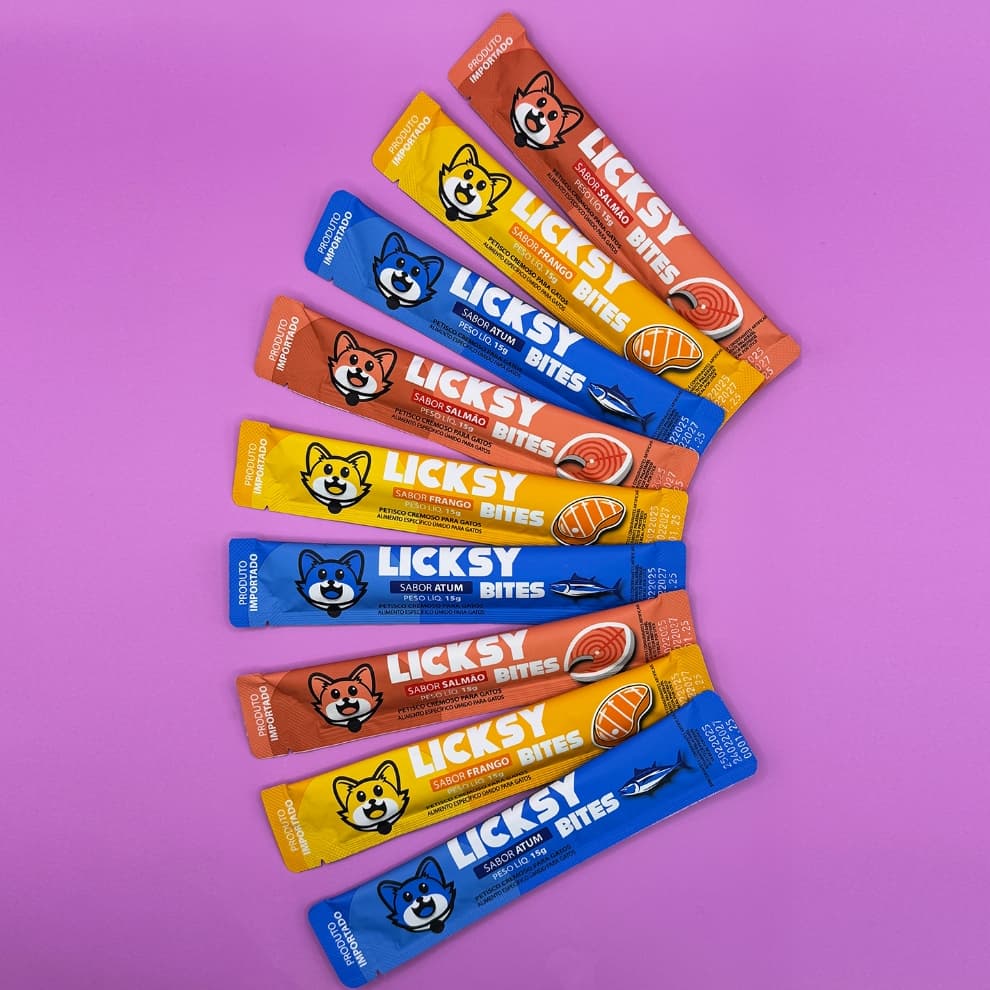 Petisco Cremoso tipo Churu para Gatos (Frango / Atum / Salmão / Mix) snack felino Licksy Bites