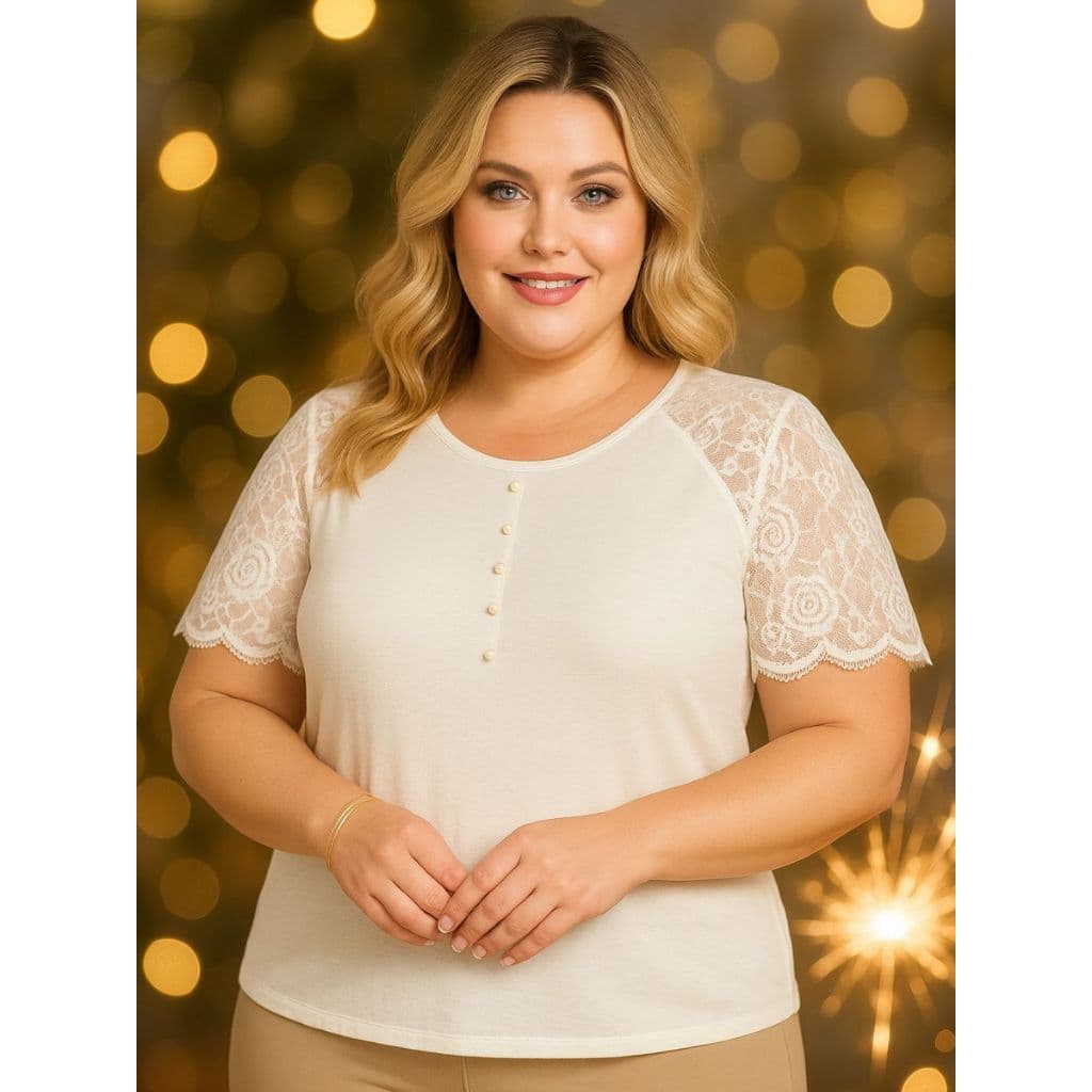 Blusa T-shirt Camisa Camiseta Ano Novo Reveillon Feminina Elegante De Luxo em Linho Sintético Com Renda e Pérolas