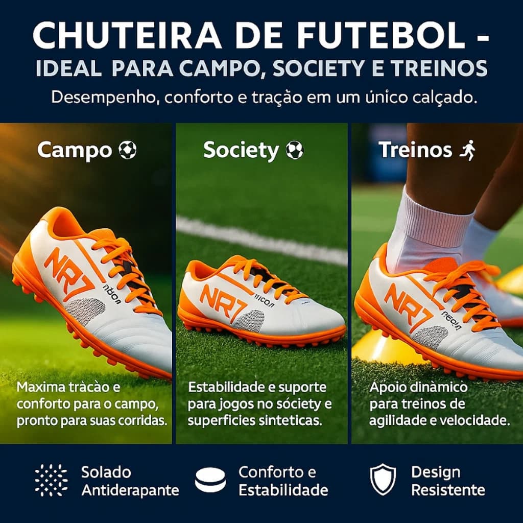 Chuteira Society NR7 masculina leve e resistente com sola costurada para maior durabilidade