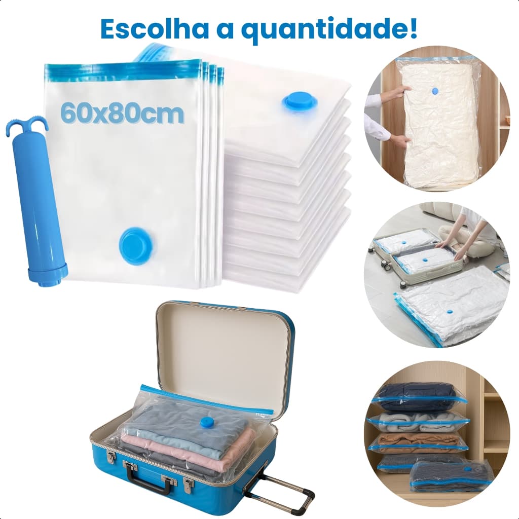 Kit de Sacos a vácuo 60x80cm Organizador Para Viagem Roupa Mala + Bomba Manual