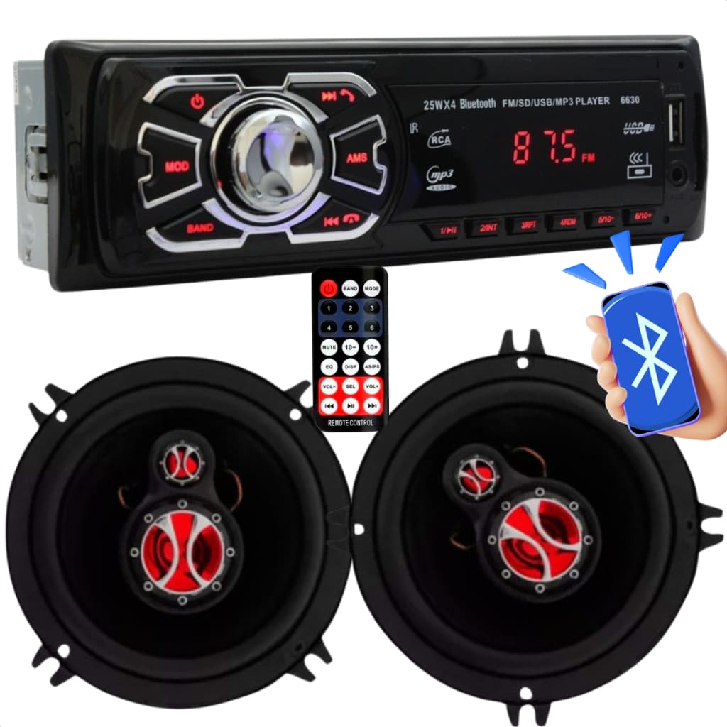 Aparelho MP3 Bluetooth Radio FM USB SD Par Alto Falante Carro 5 Pol 120 Watts Rms Kit Som Automotivo