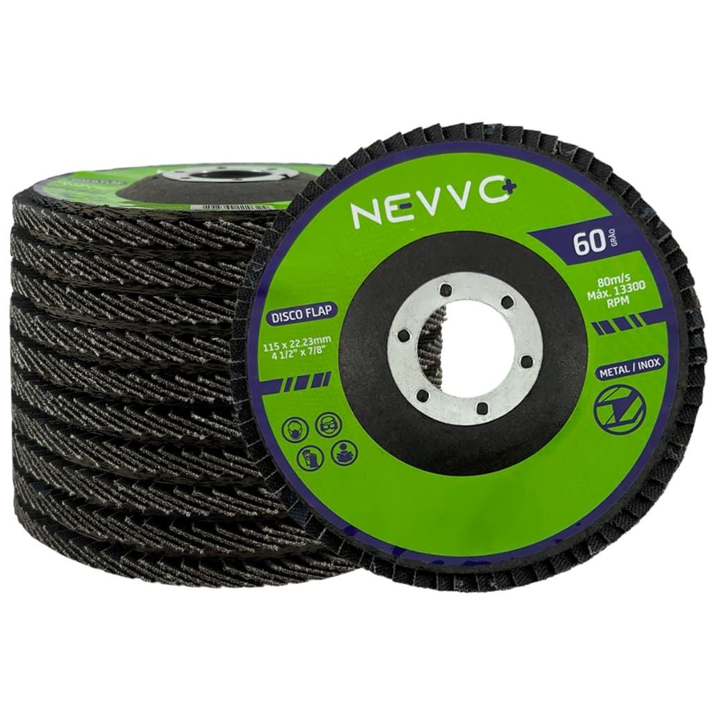 Kit 10 Discos de Lixa Flap 4.1/2 115mm Grão 60 Para Desbaste Acabamento Metal e Inox NEVVO
