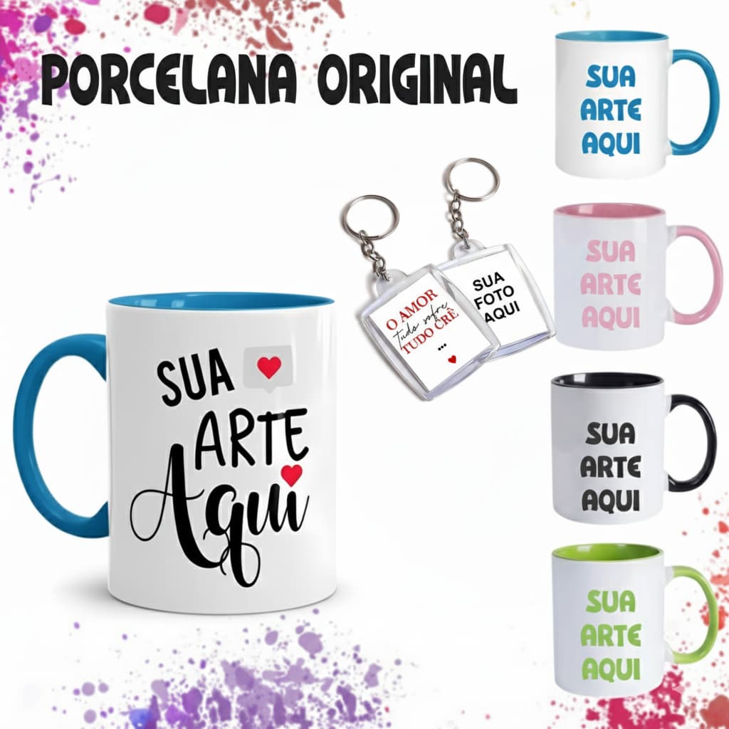 Caneca Personalizada Alça e Fundo de Cor Com Foto- Frase - LOGO - SUA ARTE AQUI