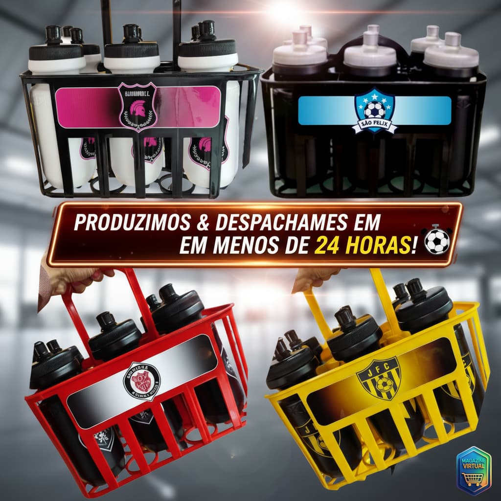 Kit 6 und Garrafa Squeeze + Cesta Porta Garrafas Personalizado Time Sua Logo Nome