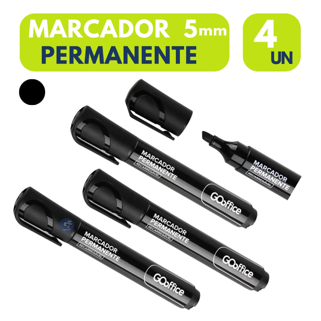 Canetão Marcador Permanente 5 Mm Preto Recarregável Pack 4 unidades Desconto Marcador Grosso Preto