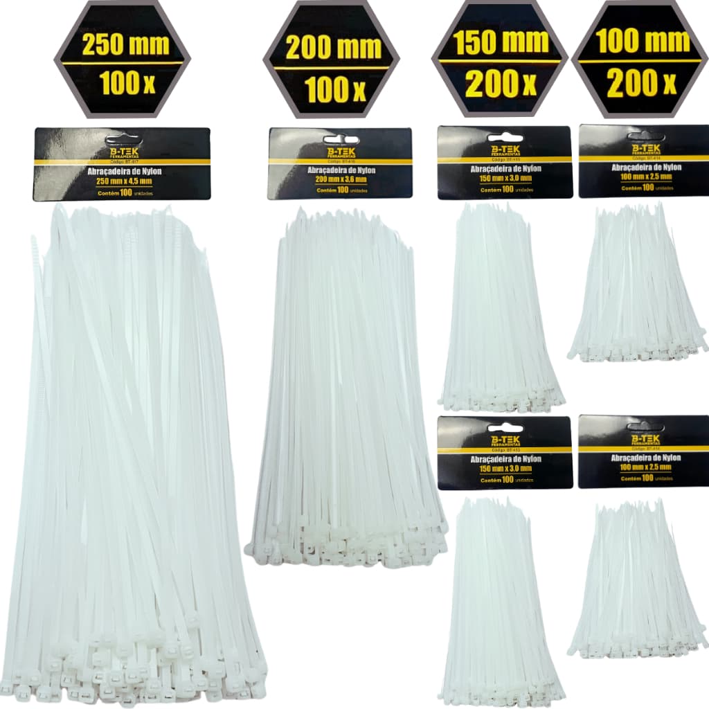 Kit 600 Abraçadeiras Nylon - Enforca Gato - Fita Hellermen - Cinta Plástica - Preto/Branco